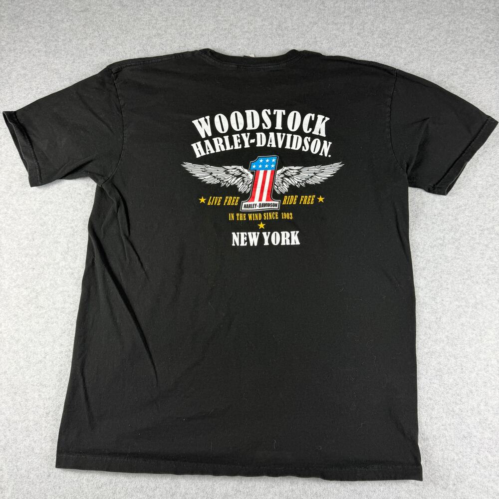 Harley Davidson Shirt L Black Woodstock NY Pocket Tee #1 Stars Stripes Logo 2022